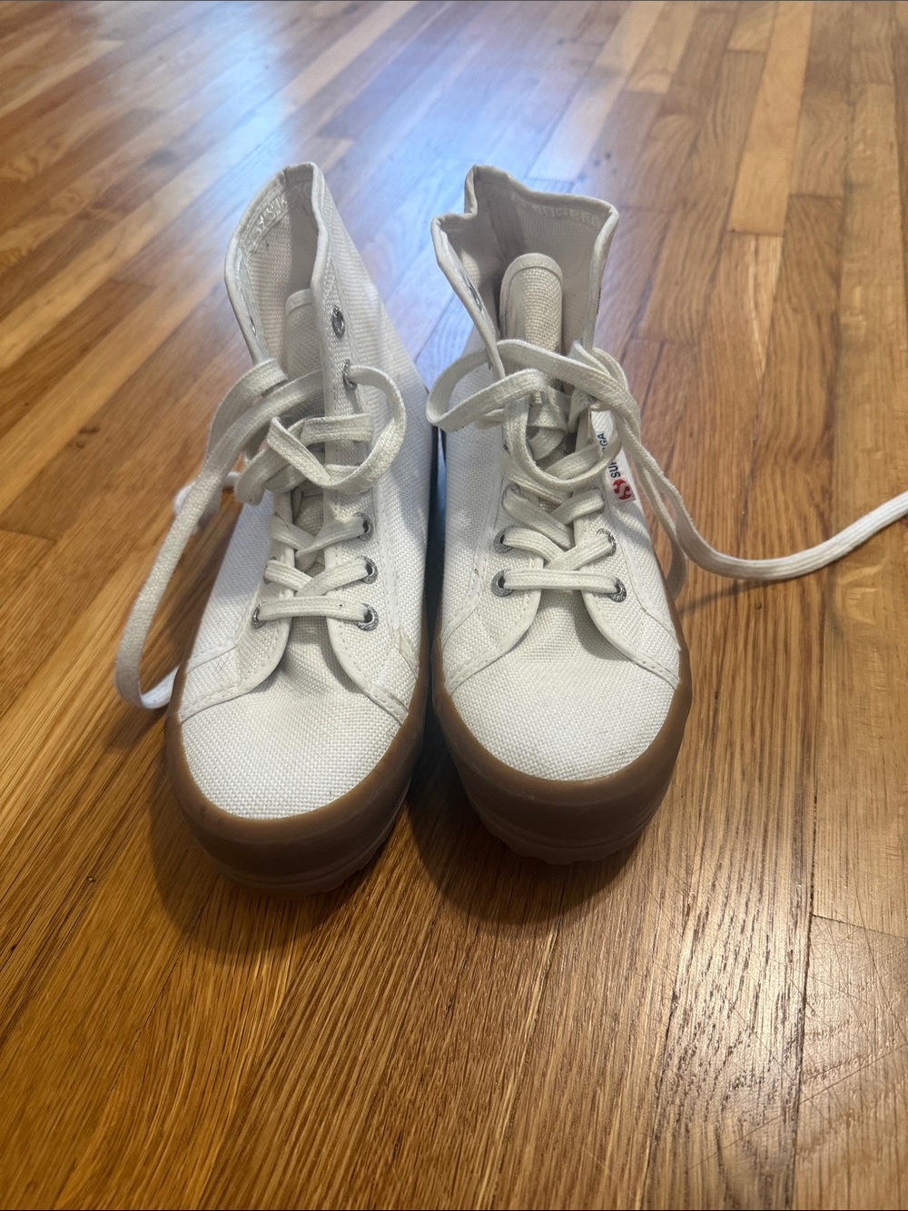 Superga White High-Top Canvas Sneakers with Brown Gum Sole